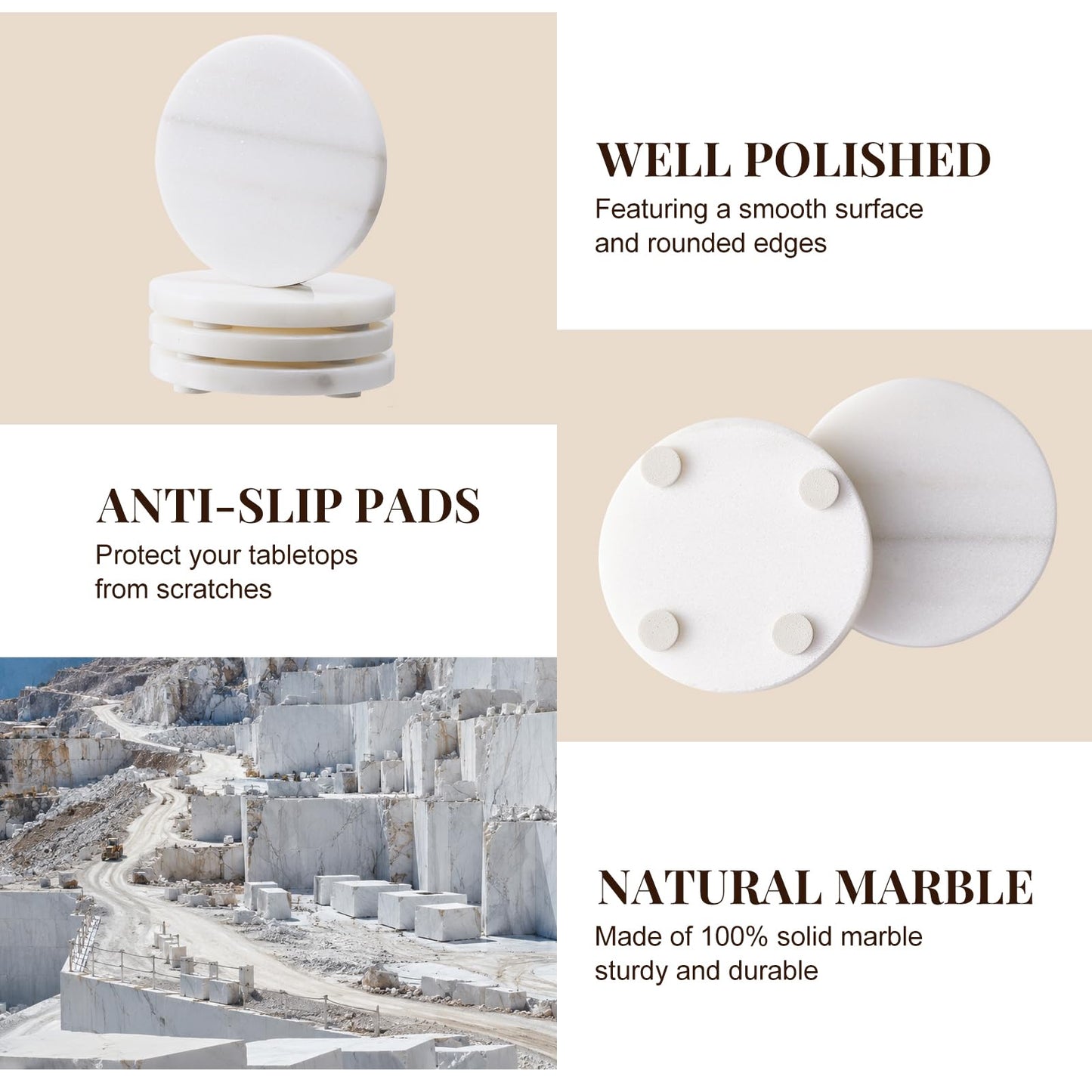 Marble Coasters Set of 4, 4-inch Round Natural Stone Drink Coasters with Non-Slip Backing, Heat Resistant Coaster for Coffee Bar Home Kitchen Decor, Ideal Housewarming Wedding Gifts(Arabescato)