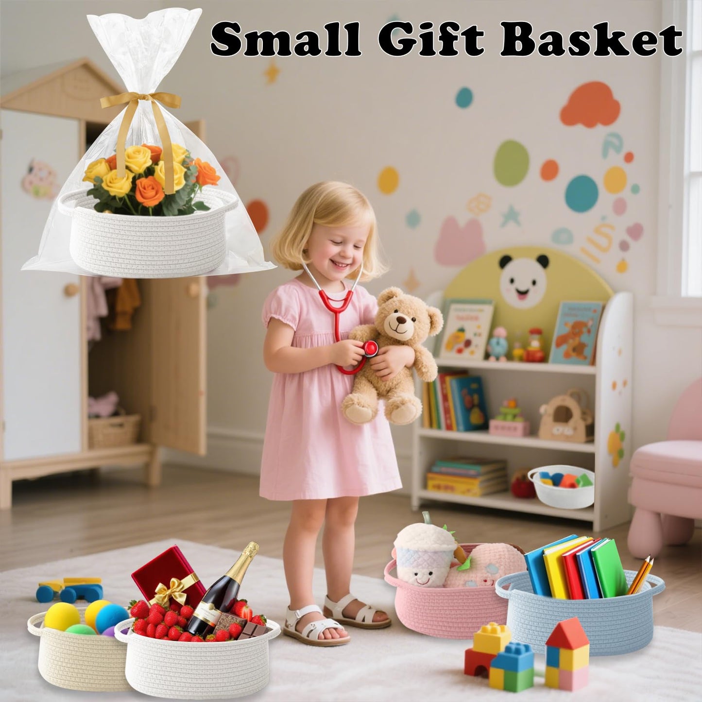 HZFTJOY 2 Pack Small Woven Rope Basket-Empty Gifts Basket with Bag and Ribbons,Cute Handle Organizer Box for Birthday/Baby Shower, Toy Storage, Nursery Organizing & Shelf Decor(White)