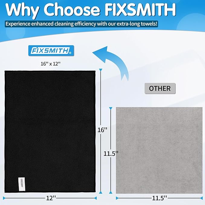 FIXSMITH Black Microfiber Cleaning Cloth -Pack of 12, Highly Absorbent Cleaning