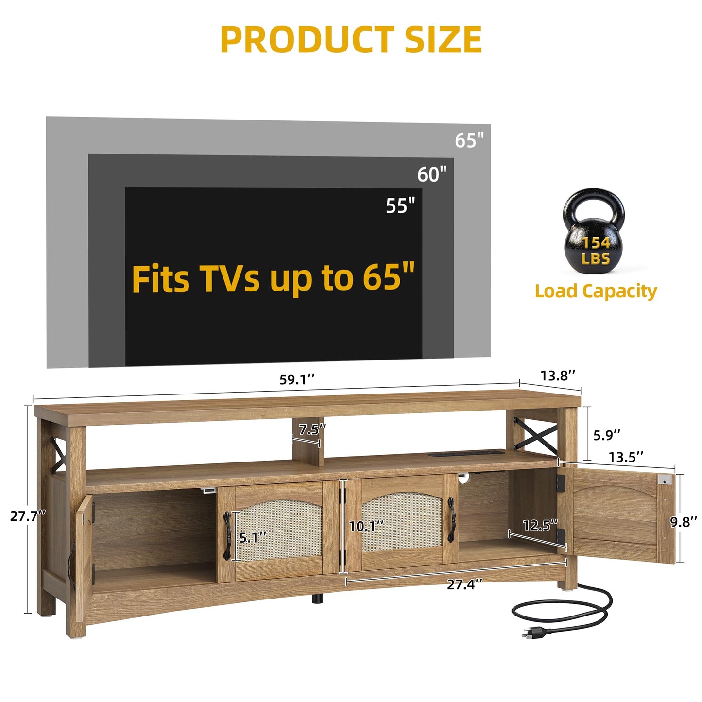 DWVO Farmhouse TV Stand for 65 inch TVs, LED Entertainment Center with Storage, TV Console with Power Outlets, Wooden Bar Coffee TV Table with Shelves for Living Room (Oak)