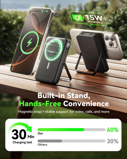 for Magsafe Battery Pack 10000mAh Power Bank with Foldable Stand Portable Charger,PD 22.5W Fast Charge,Travel Essential Wireless Charger for iPhone 17/16/15/14/13/12 Series–Black