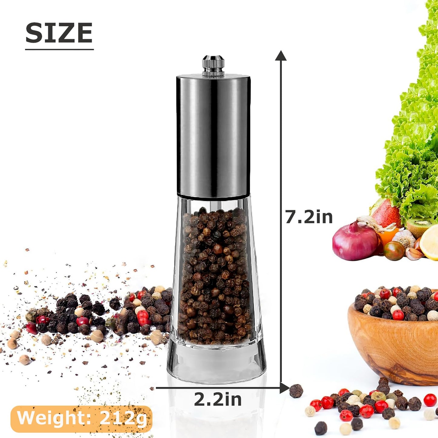 Salt and Pepper Grinder Set, Acrylic Pepper Mill with Adjustable Coarseness Wooden Pepper Grinder, Manual Salt Shake Refillable for Kitchen, Pack of 2 (Stainless Steels)