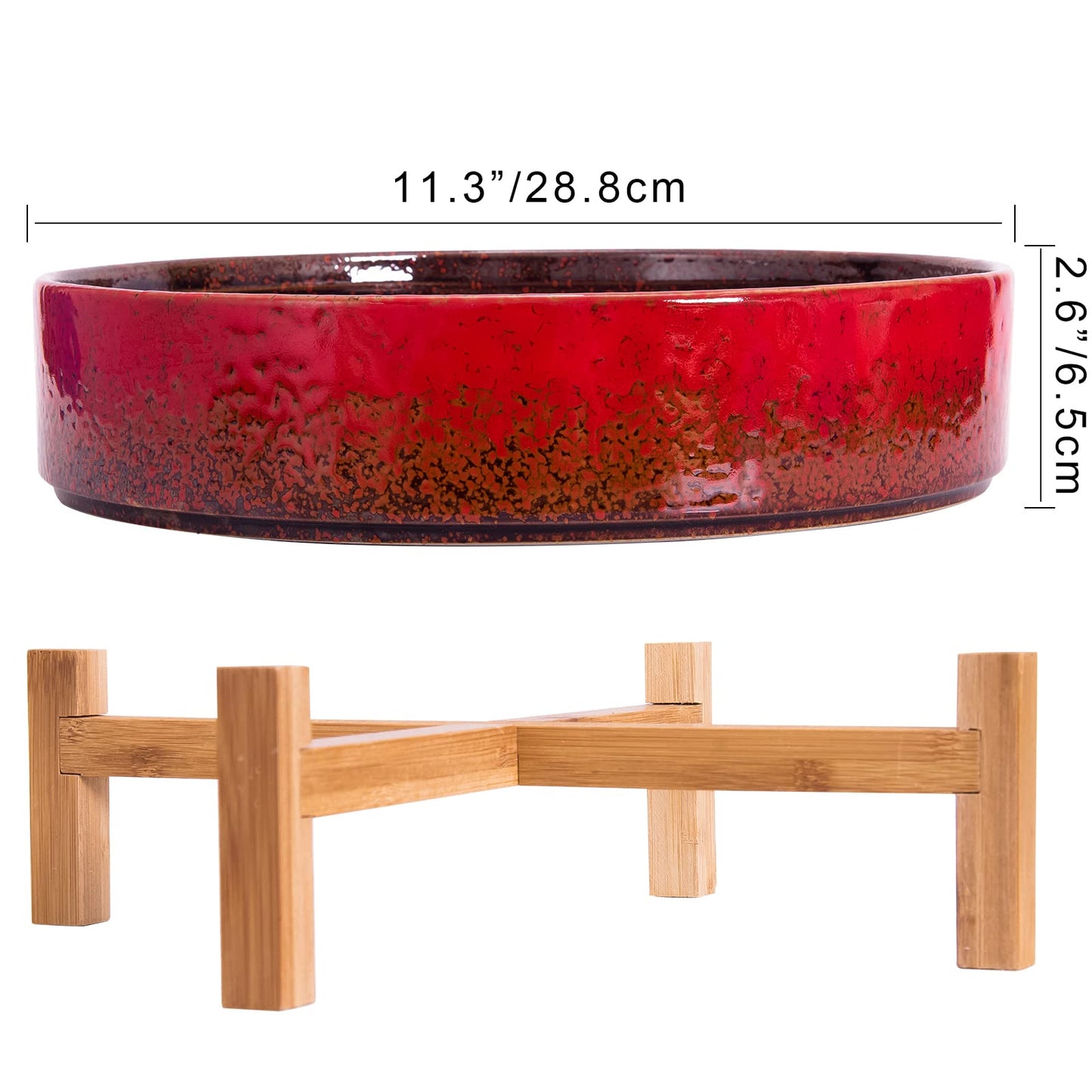ARTKETTY Succulent Pots - 11 Inch Large Succulent Planters with Drainage Ceramic Bonsai Pots with Bamboo Stand, Shallow Cactus Flower Plant Container Bowl for Home Office Decor (Red)
