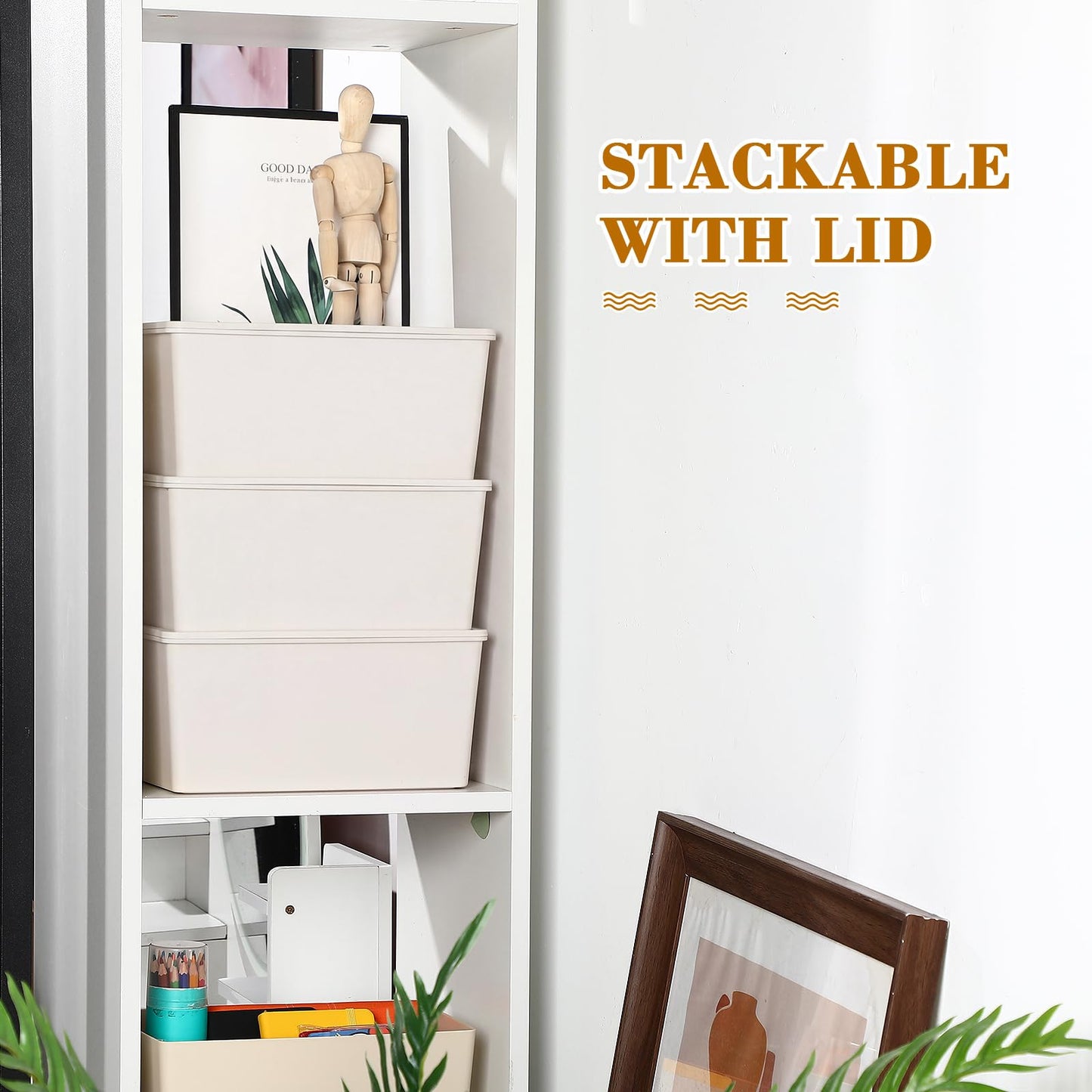 Menkxi 4 Pcs Storage Bins with Lids Plastic Stackable Containers for Organizing Shelves Christmas Ornament Box Baskets(Beige,Small)