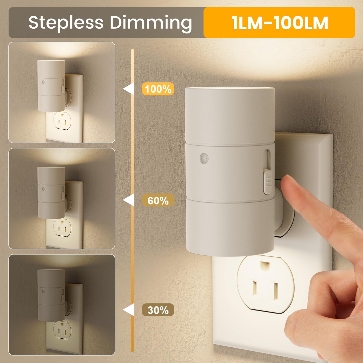 VOLISUN Night Light, Dimmable Led Night Lights Plug into Wall, Amber/3000K/4500K, 0-100LM Adjustable Brightness, Dusk to Dawn Nightlight for Hallway, Bathroom, Bedroom White 2 Pack