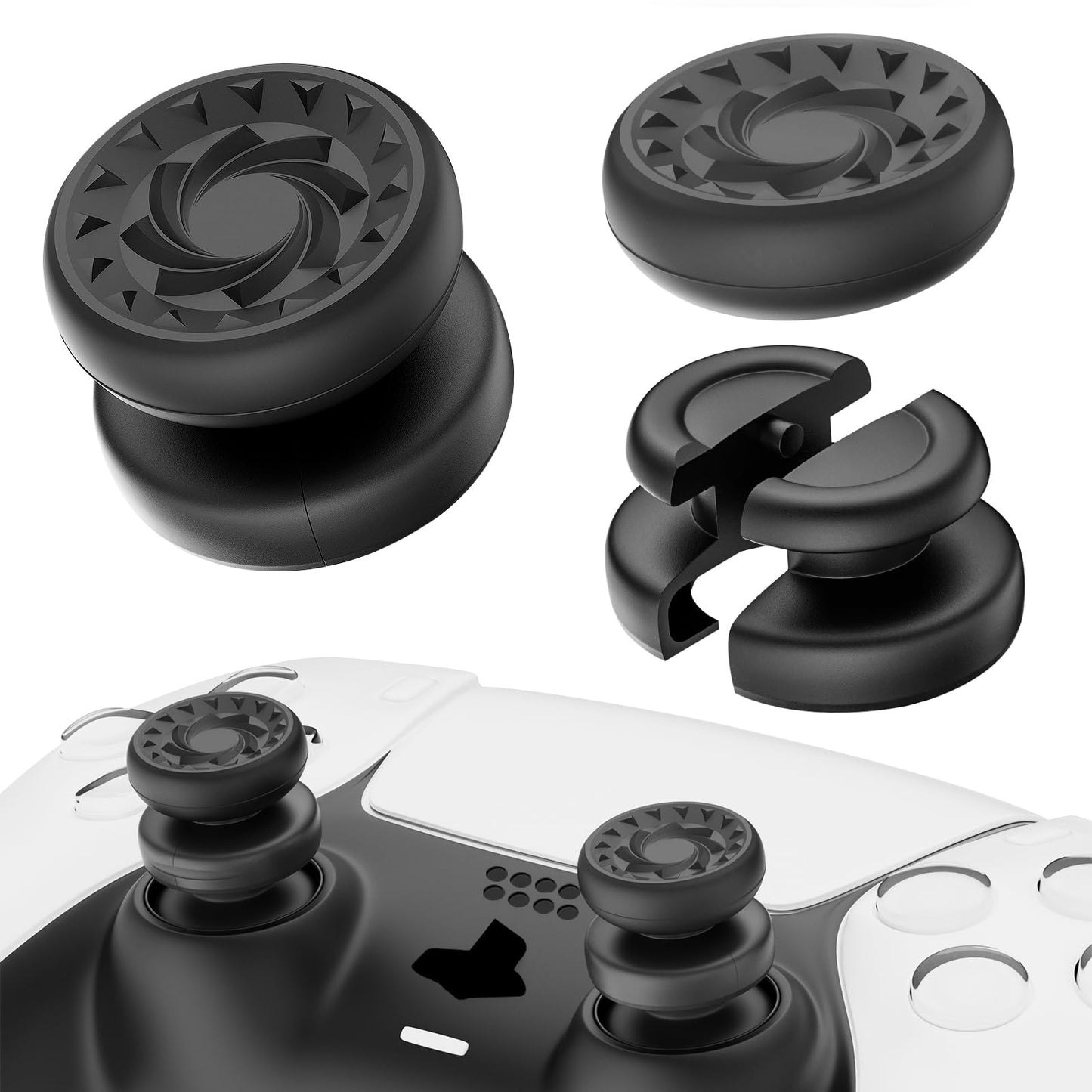 PlayRealm NO Falling Off Thumbstick Extender & Silicone Grip Cover 2 Sets for PS5 n PS4 Controller (Whirl Black)