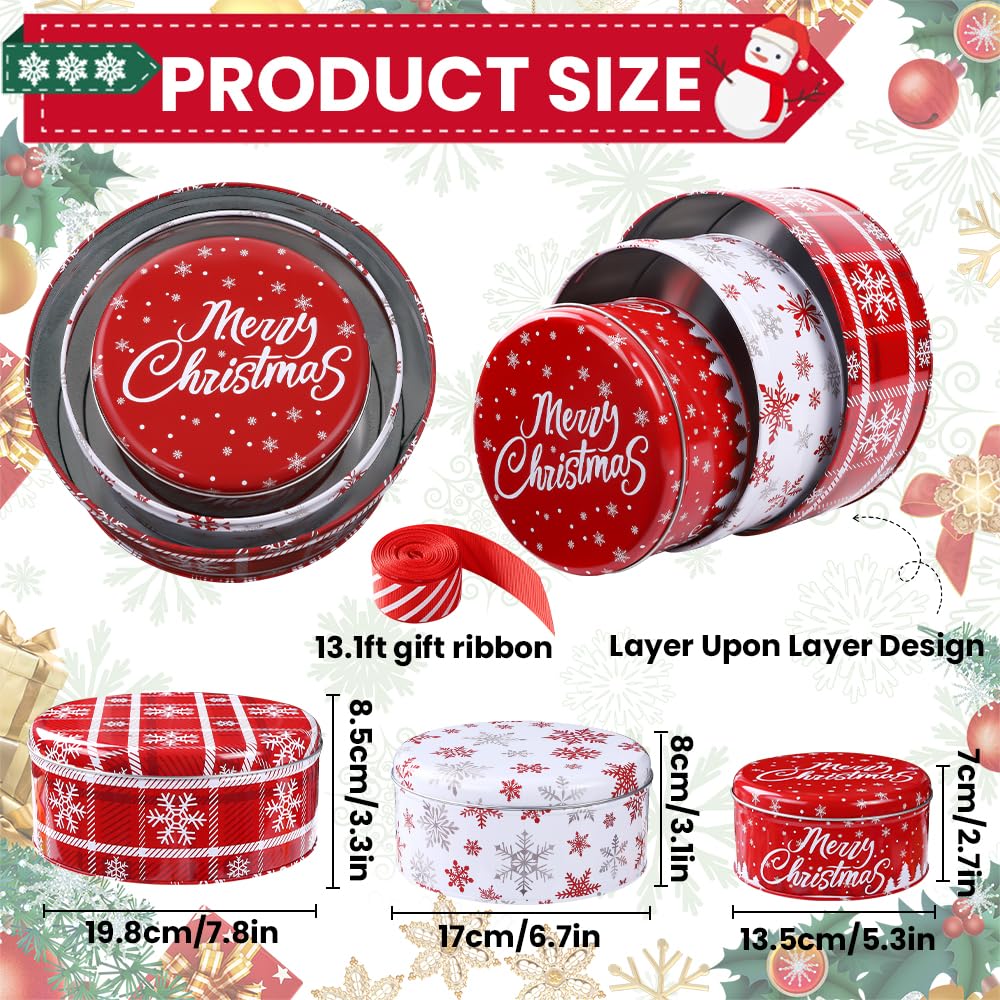 DIYDEC 3 Pack Christmas Cookie Tins with Lids Round Christmas Tin Containers with Gift Ribbon Large Medium Small Xmas Metal Nesting Containers Festive Cookie Tins for Gift Giving Holiday Treats
