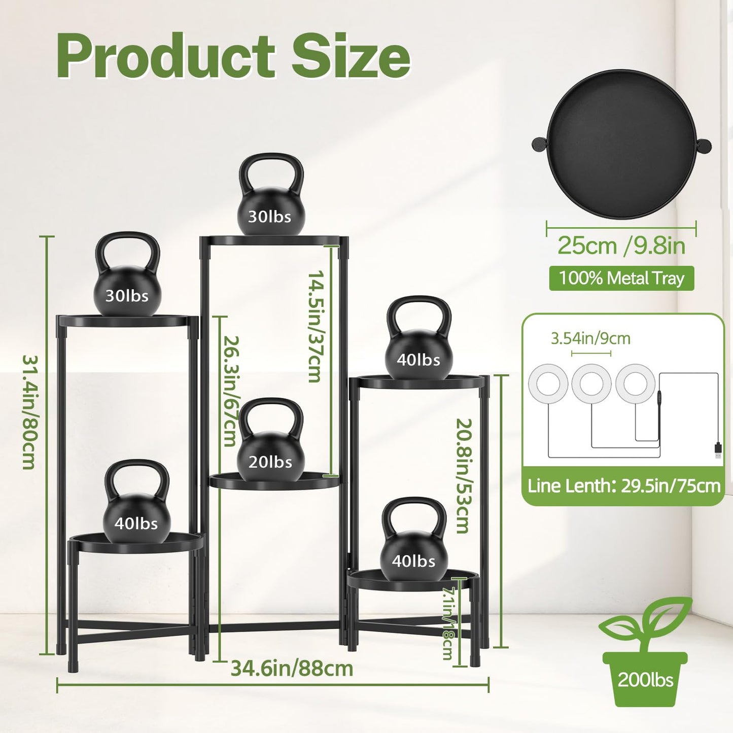 iDavosic.ly 6 Tier Large Plant Stand Indoor with Grow Light, Tiered Corner Metal Outdoor Flower Display Holder Shelf with 10 Inch Wide Tray, Folding Tall Rack for Patio Porch Living Room, Black