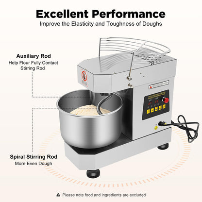 CUBELLIN 10L/2.6 Gal Commercial Spiral Mixer 750W Electric Dough Mixer Speed Adjustable Stainless Steel Dough Kneading Machine for Dough, Salad, Cream