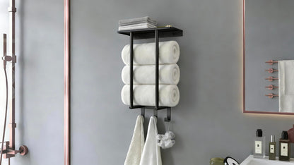 Towel Racks for Bathroom, Bathroom Towel Rack Wall Mounted with Metal Shelf and 3 Hooks for Small Bathroom, Black