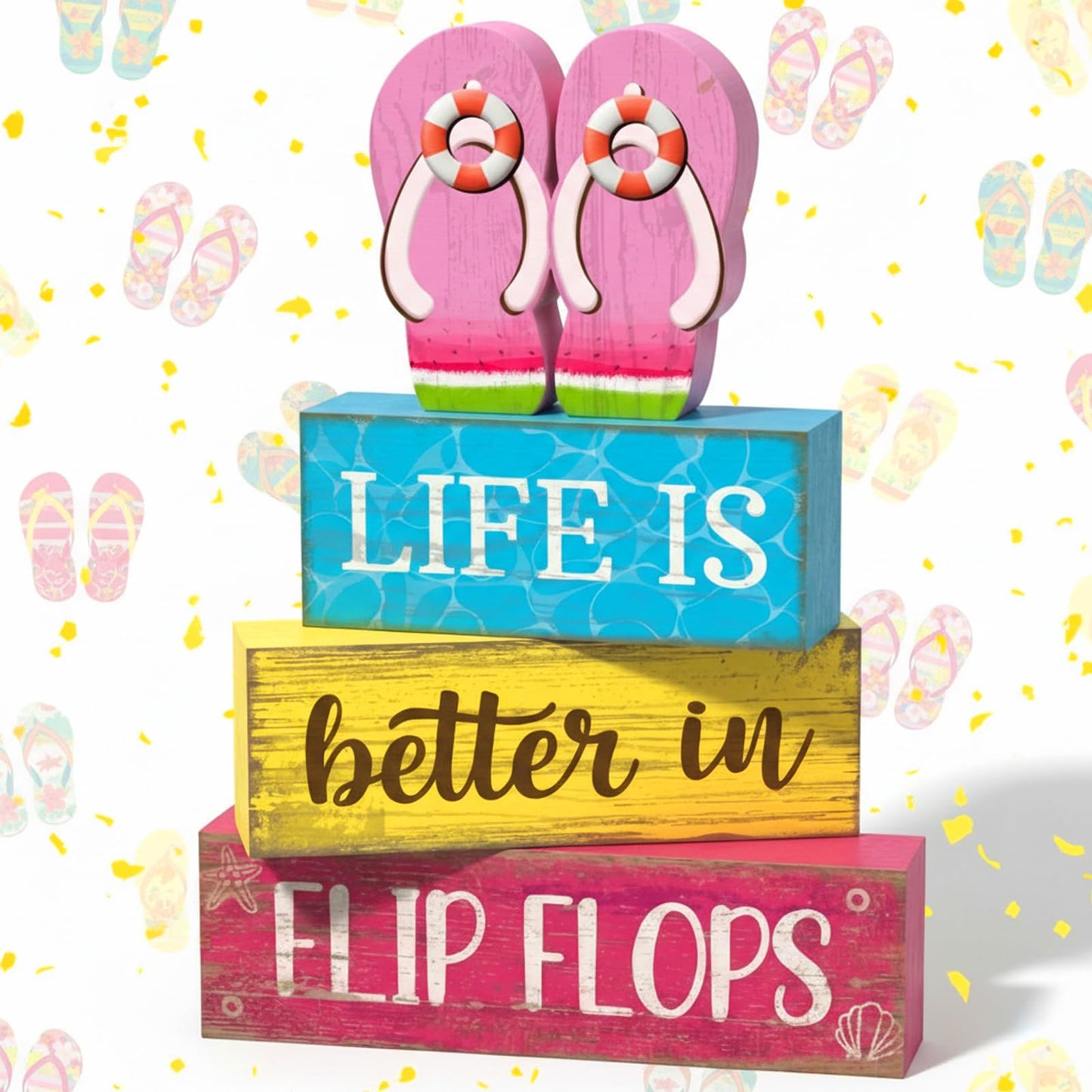 Yuntau 4 Pcs Summer Decorations for Home Flip Flops Table Decorations Wooden Sign Beach Table Centerpiece Summer Tiered Tray Decor Decorative Faux Book Stack Block for Office Coffee Mantel Shelf