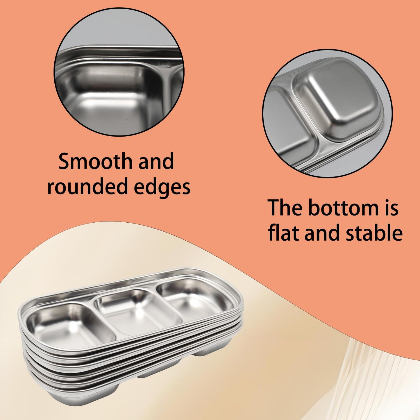 Mormchlots 6pcs 8inch Stainless Steel Divided Dip Bowls,Sauce Bowl Korean Ketchup Bowl,Compartment Condiment Tray for Home/Restaurant (Silver, Triple Dipping Bowl)