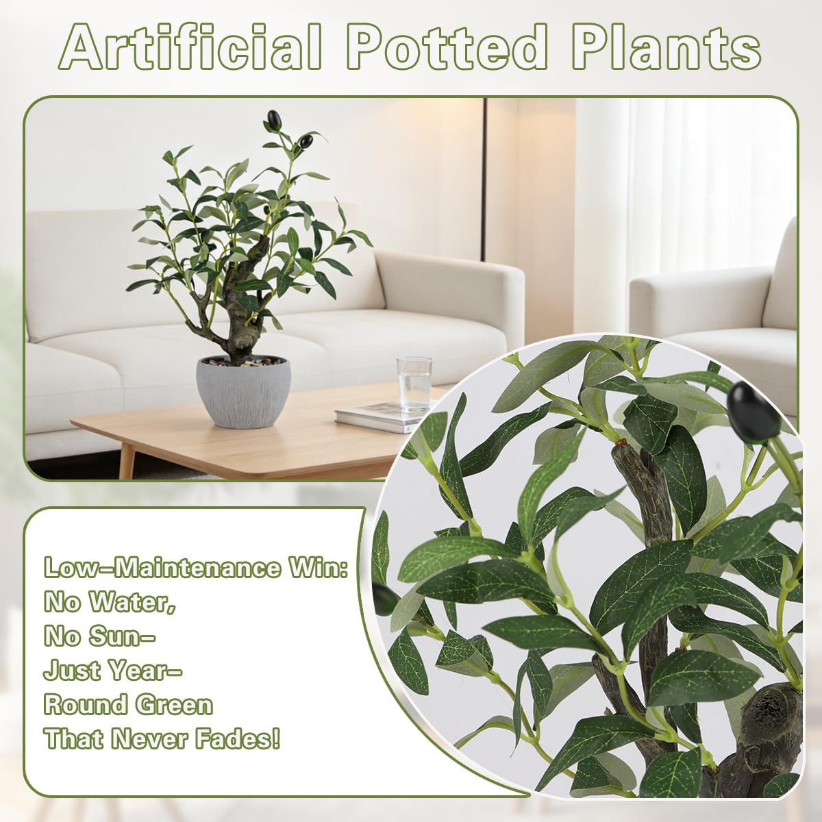 KAIRNE Artificial Olive Tree Potted,15.7” Tall Fake Green Plants,Realistic Leaves Decorative Table Decor,Lifelike Branches and Fruits Planter,Rustic Design Faux Plants for Home Office Desk Decor