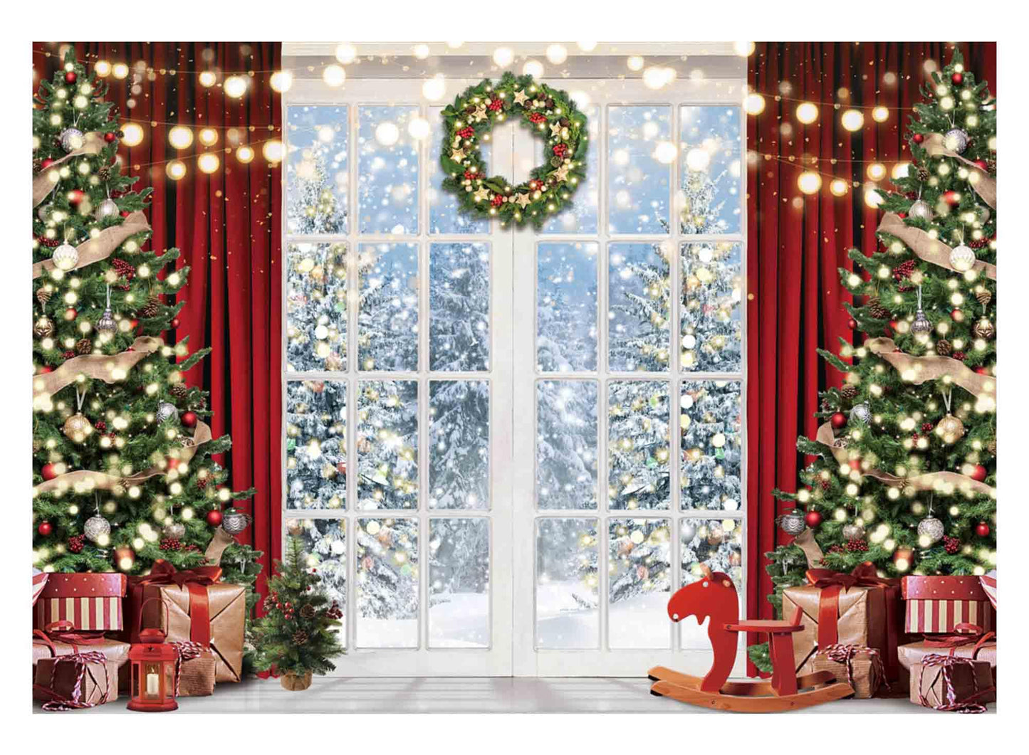 Allenjoy 82" x 59" Christmas Window Backdrop for Photography Winter Merry Xmas Tree Background Snow Holiday Photobooth Portrait Party Banner Festival Photo Studio Props Supplies
