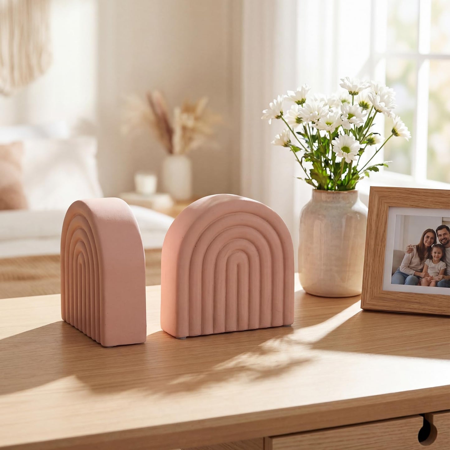 Fiwochic Soft Coral 2 Pcs Boho Arch Concrete Bookends for Shelves Decorative Book Holder Stopper with Anti Slip Pads for Heavy Books Home Office Aesthetic Library Decor (Rainbow)