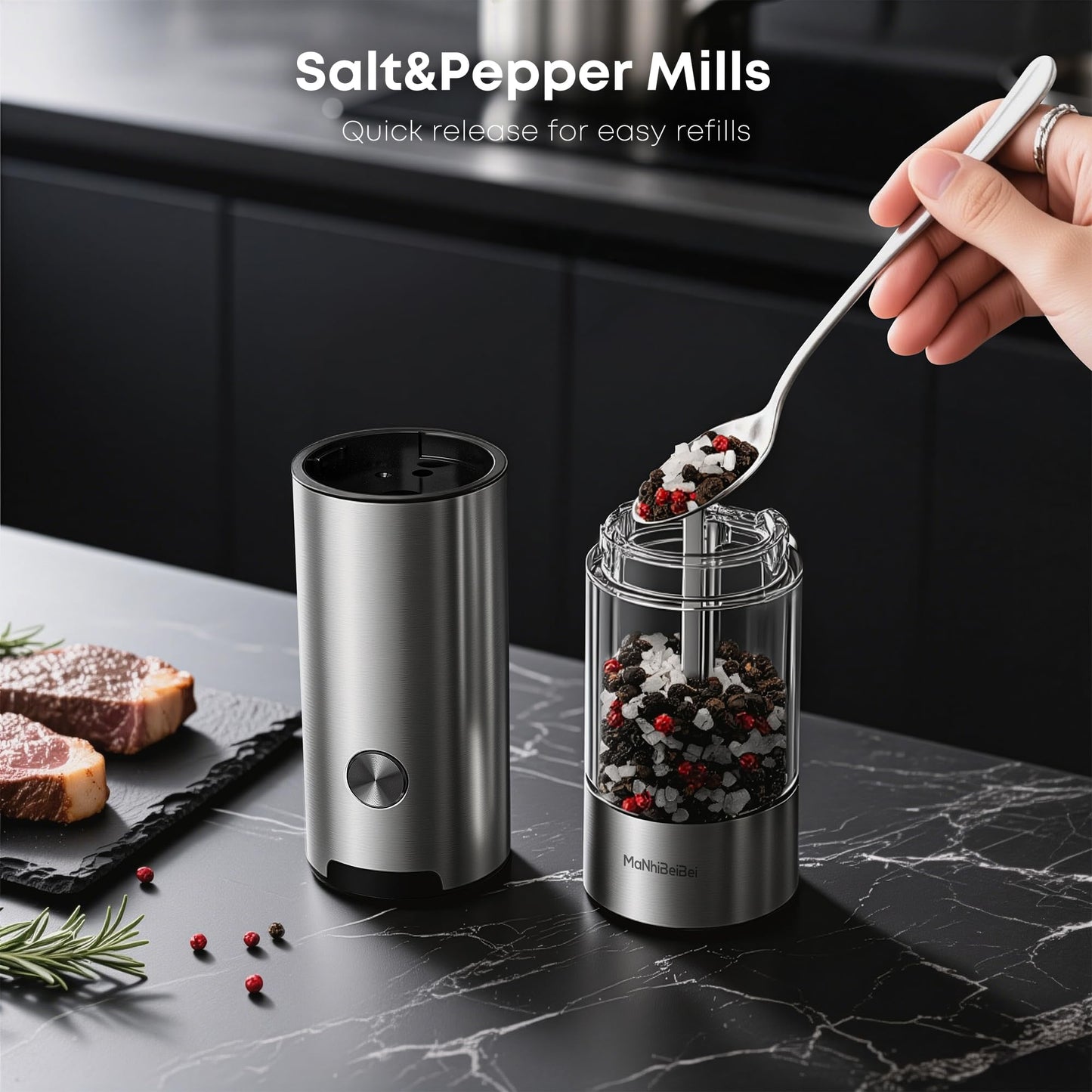 MaNhiBeiBei Electric Salt and Pepper Grinder Set - One-Hand Operated, Adjustable Coarseness, Ceramic Burrs, LED Light, Stainless Steel, Housewarming Gift (2 Pack)