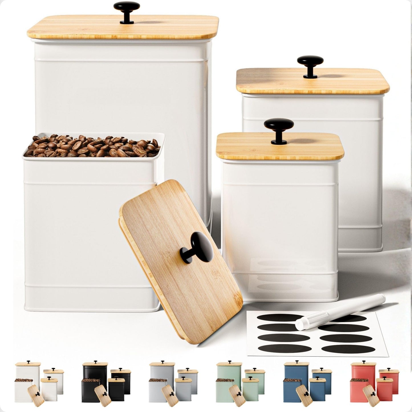 Kitchen Canisters for Countertop Set of 4 with Customizable Chalkboard Labels & Marker Pen - Big Iron Kitchen Canisters with Airtight Lids - Canisters Sets for the Kitchen - White Kitchen Canister Set