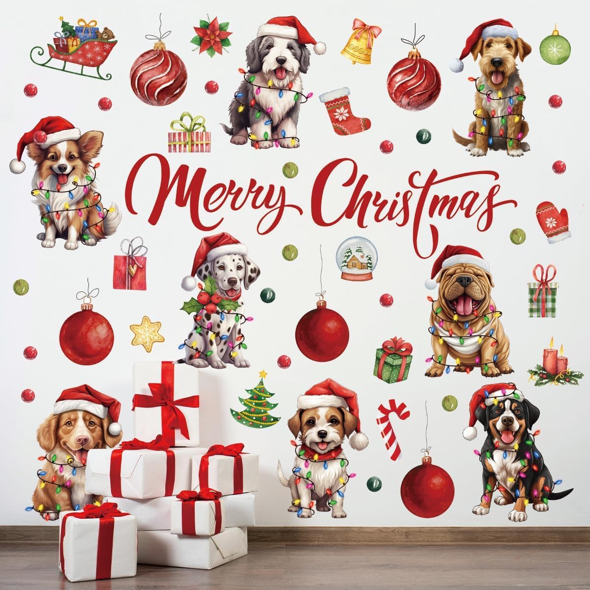 Denylo pro Christmas Dog Wall Decal Merry Christmas Wall Sticker Removable Christmas Wall Decals Decor for Winter Christmas Holiday Party Supplies Home Window Decor