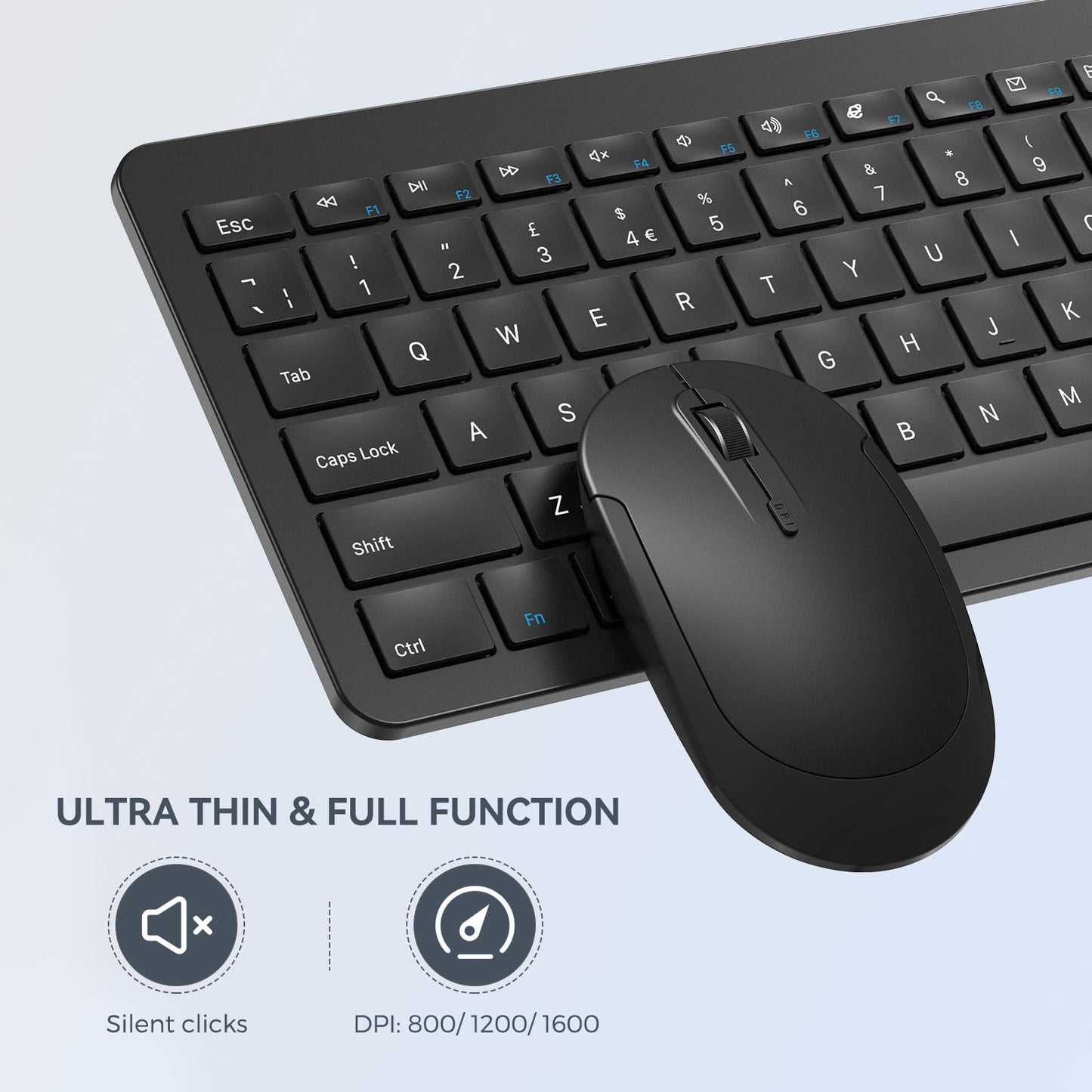 seenda Rechargeable Wireless Keyboard and Mouse, SK38-3 Ultra Slim Quiet USB Keyboard and Mouse Set for Windows Laptop PC, Full-Size QWERTY UK Layout, Black
