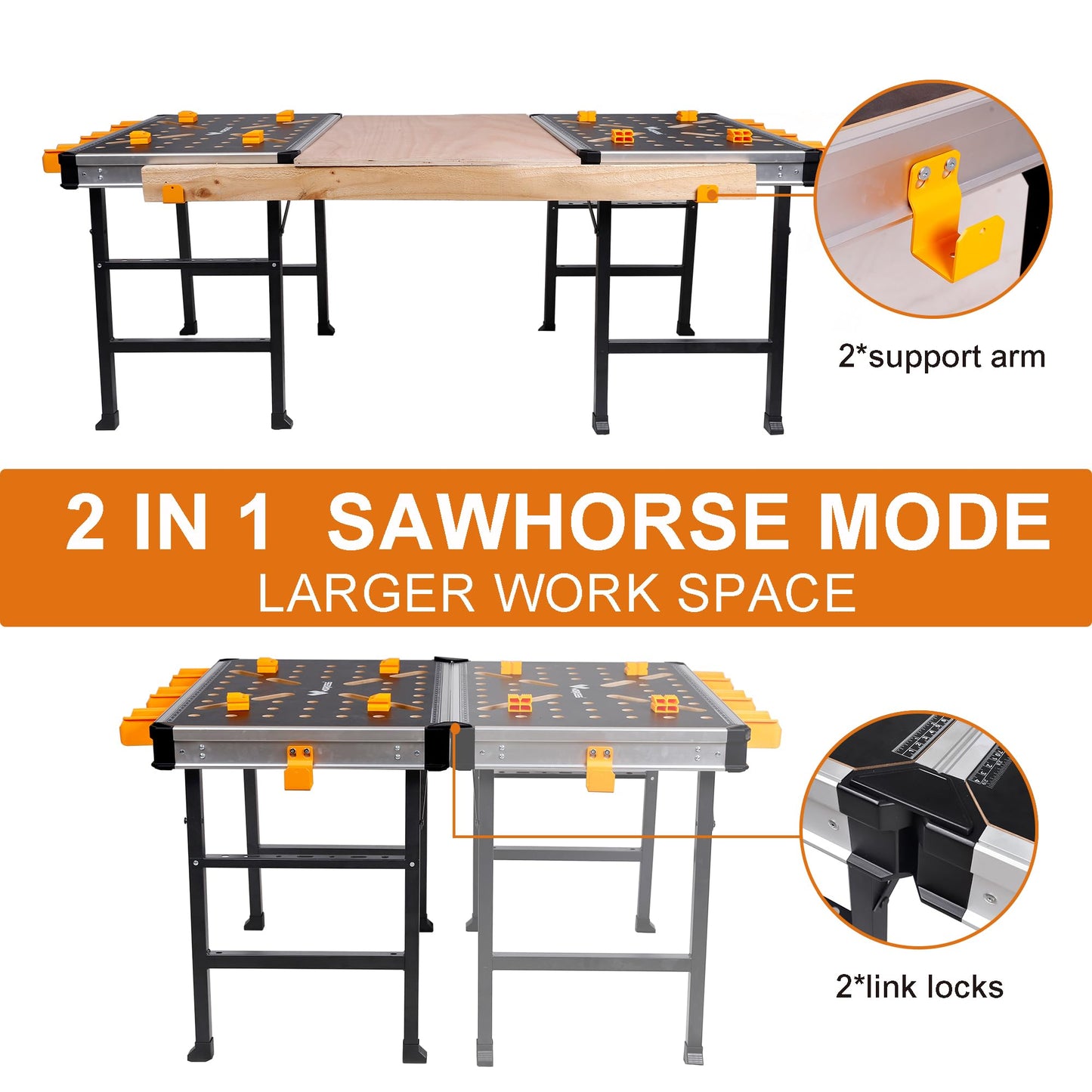 WORKESS Portable Workbench 1000Lbs Capacity Heavy Duty Folding Work Table with 2 Quick Clamps, 4 Bench Dogs, 3 Tool Boxes for Garage Easy Storage