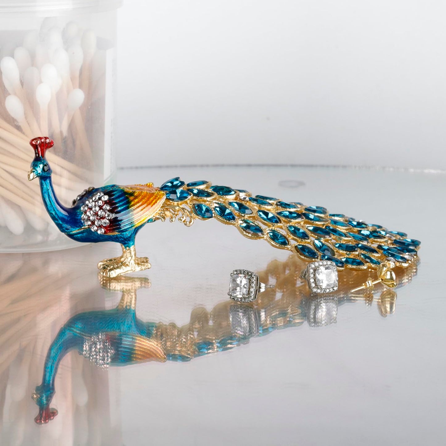 SEVENBEES Enameled Peacock Jewelry Box - Hand Painted Collectible Figurine with Crystal Rhinestones, Women and Girls for Rings and Earrings Valentine Decor Gifts