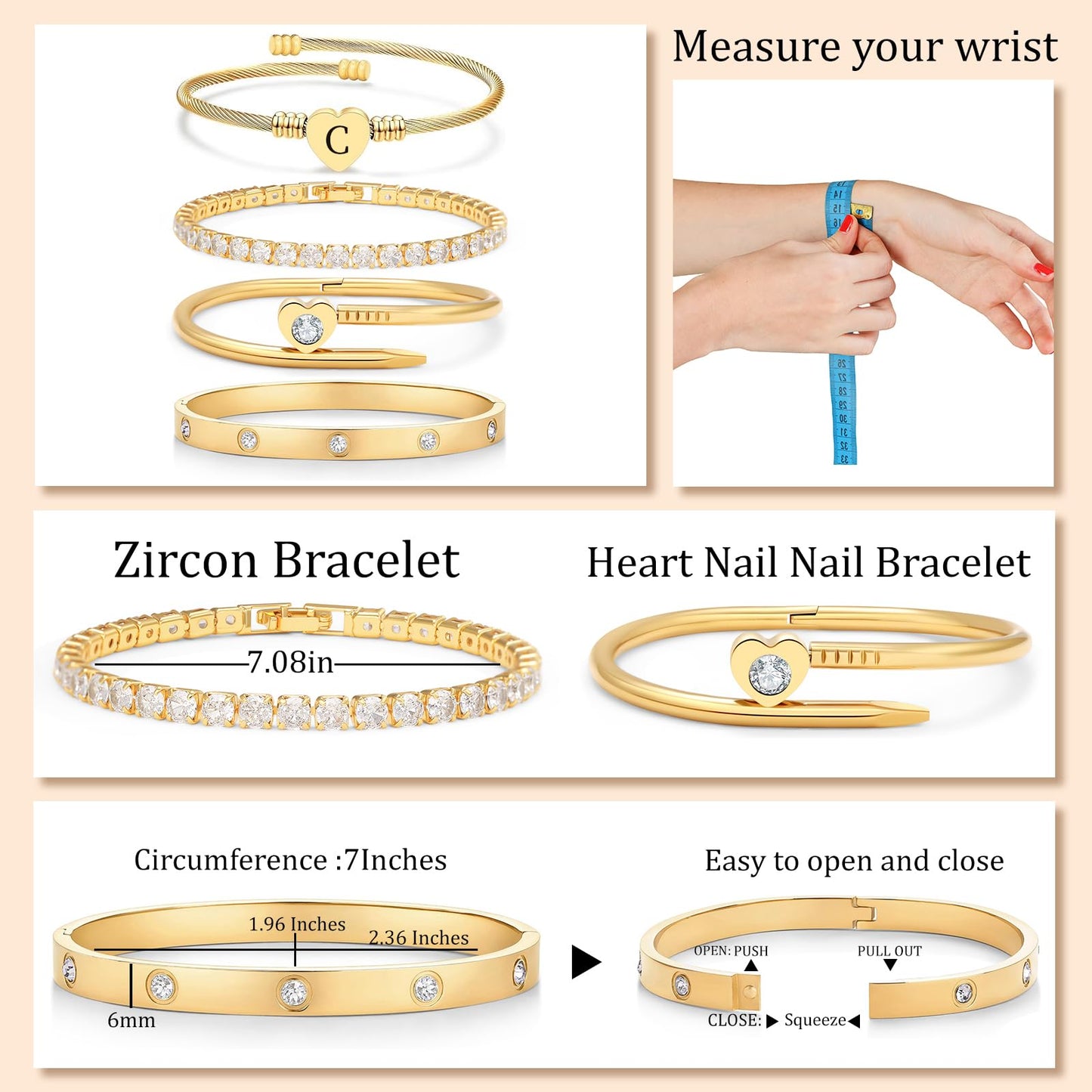 MEIERYA18K Gold Plated Nail love Bangle Bracelet Set for Women,Cubic Zirconia,Adjustable tennis bracelet Trendy Gift Jewelry for Mother's Day Anniversary (03-Style-C)