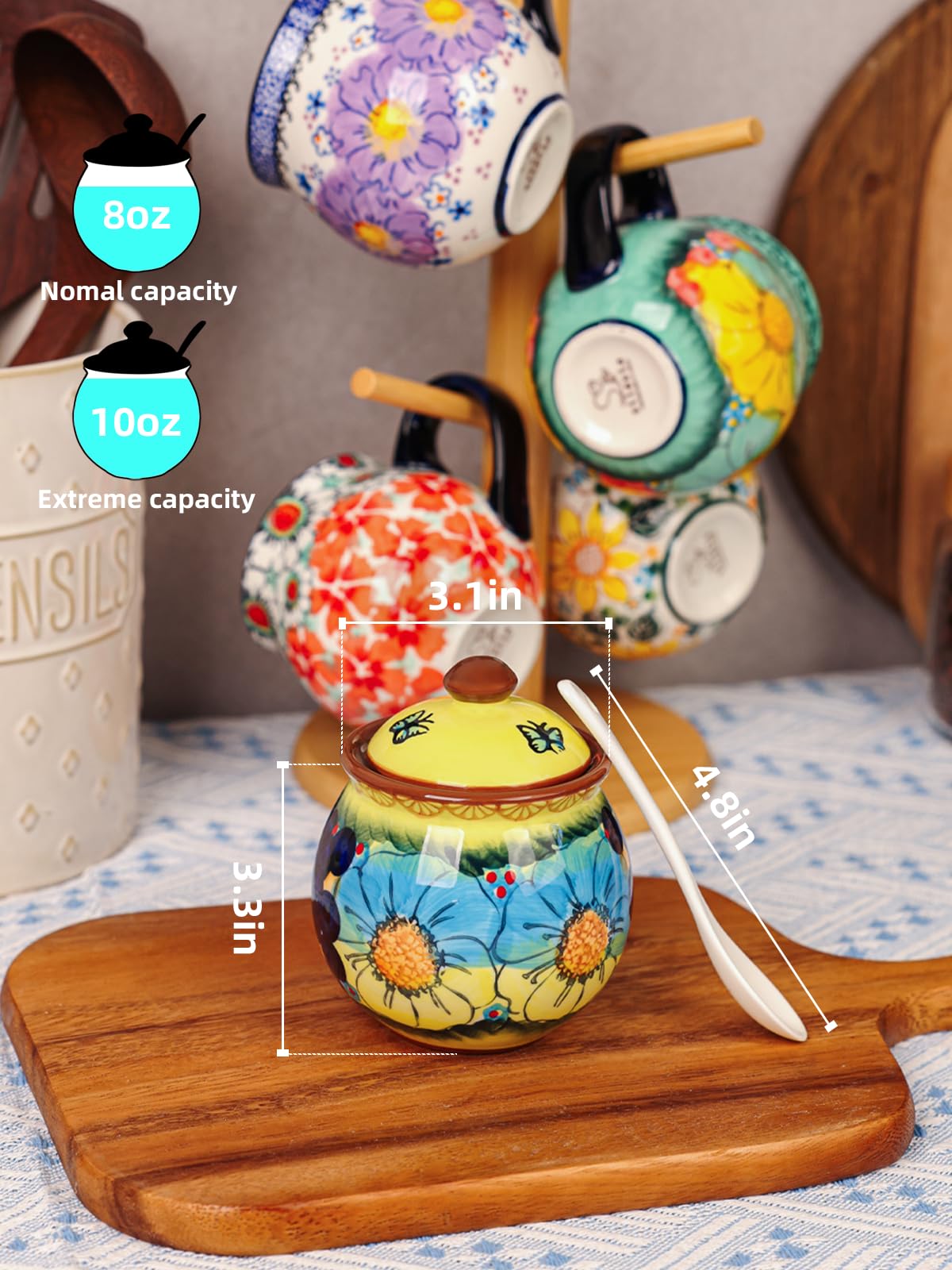 silesia Handmade Sugar Bowl with Lid and Spoon, 8 oz Hand-Painted Ceramic Sugar Jar, Floral Design Seasoning Container for sugar, honey, or spices, Dishwasher Safe (Glazed Yellow)