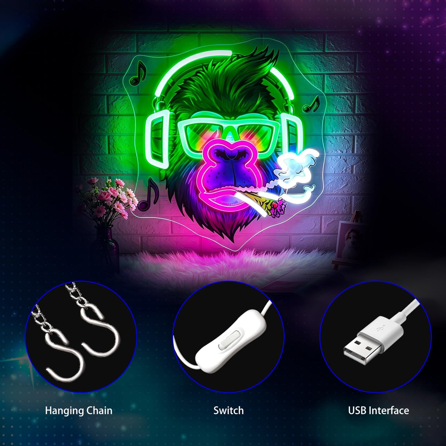 Gdbkabf Neon Sign, Gorilla Neon Signs for Wall Decor - Gorilla with Headphones LED Light for Game Room/Man Cave/Bar/Club - USB Powered Light Up Sign Decorations