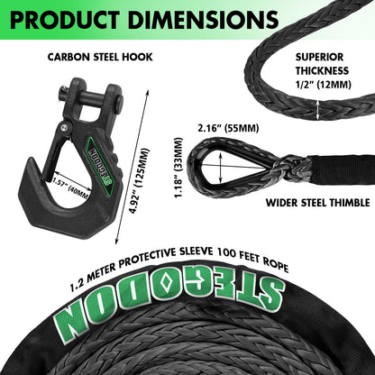 STEGODON Winch Rope 1/2 in x 85 ft Synthetic Winch Rope Kit,32000 LBS Winch Line Cable with Soft Shackle,Winch Hook and Safety Pull Strap for 4WD Off Road Vehicle Truck (Black)