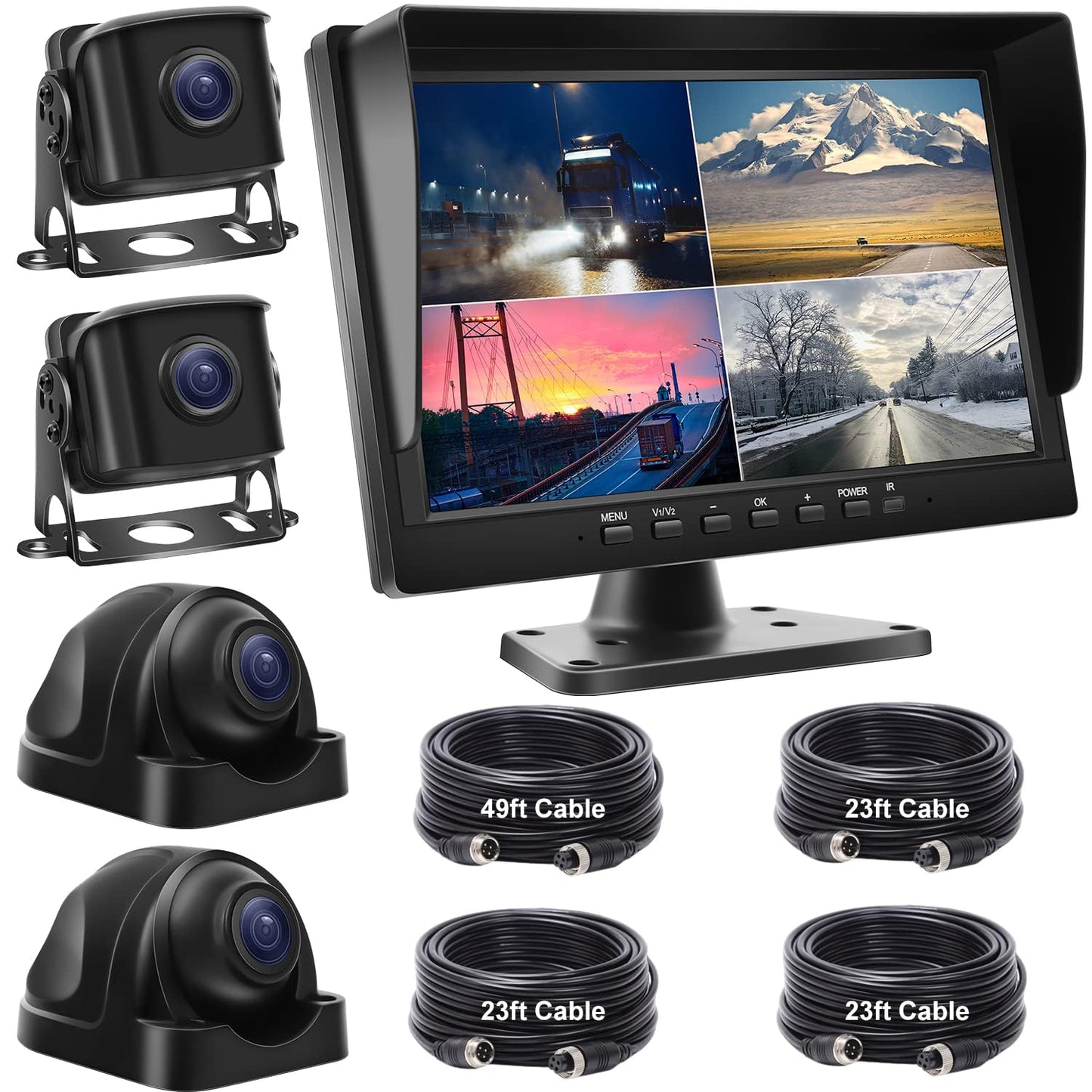Wired Backup Camera System with 10.1’’ IPS Monitor for Truck RV Trailer Bus, Rear View Camera, with Side Front View Camera, 4 Split Screen, Super Waterproof, Night Vision, Easy Installation AHD1080P