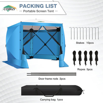COBIZI 10x10 Pop Up Gazebo Screen Tent Screen House for Camping, Screen Room with Mosquito Netting, Hub Tent Instant Screened Canopy with Carrying Bag and Ground Stakes, Blue