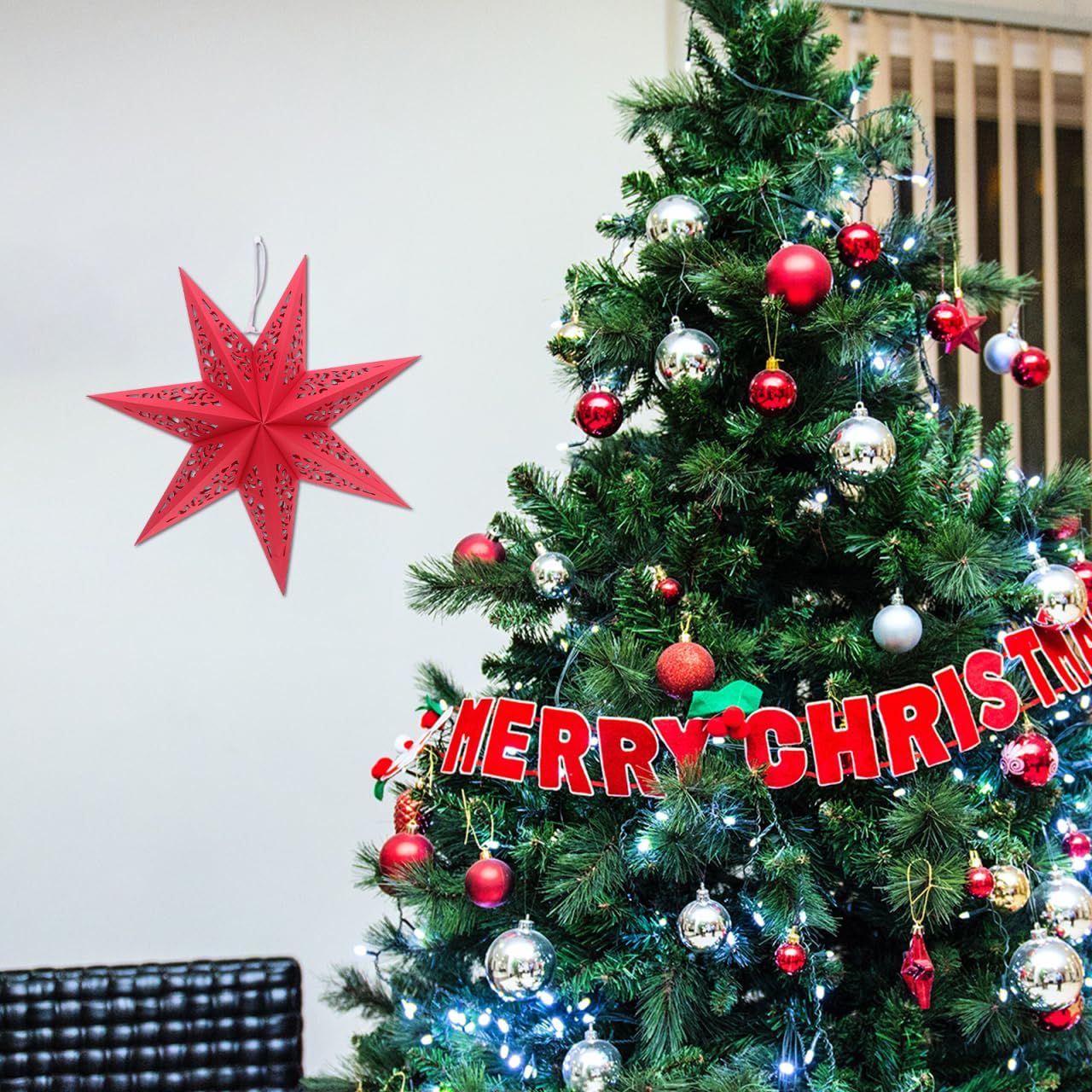 KALLORY 3 Pcs Star Paper Lantern Lampshade Christmas Hollow Out Star Hanging Decoration for Christmas New Year Party Wedding Birthady Decor 7-Point