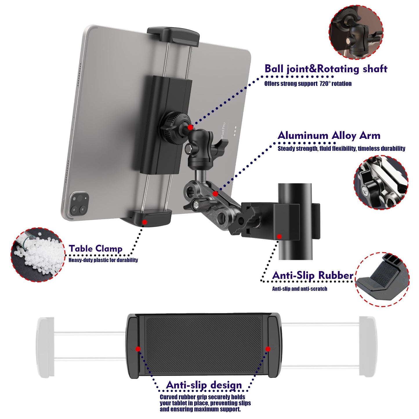 VasSmtCPH Tablet Holder for Treadmil Indoor Cycle Elliptical Spin Bike Peloton Music Stand 360° Adjustable Super Crab Handlebar Climp Mount Compitable with 4.7~12.9" iPad Switch iPhone e-Reader
