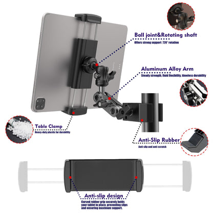 VasSmtCPH Tablet Holder for Treadmil Indoor Cycle Elliptical Spin Bike Peloton Music Stand 360° Adjustable Super Crab Handlebar Climp Mount Compitable with 4.7~12.9" iPad Switch iPhone e-Reader