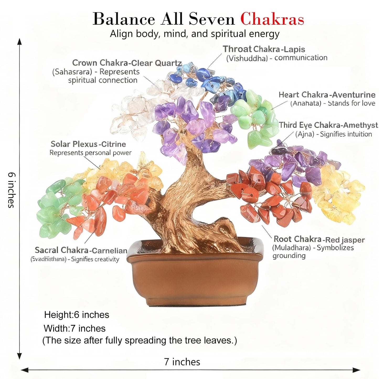 MASGEMES 7 Chakra Tree of Life Handmade Gemstone Bonsai Tree with 180 Large Beads- Healing Stones, Birthday Gifts for Women - Crystal Tree for Positive Energy, Home Office Decor