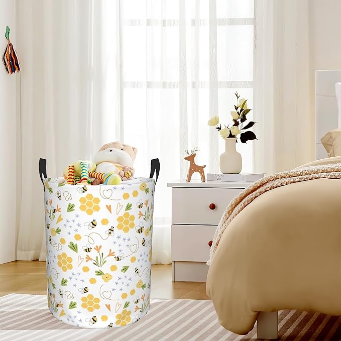 Bee Honey Flower Laundry Basket, Waterproof Foldable Laundry Hamper, Dirty