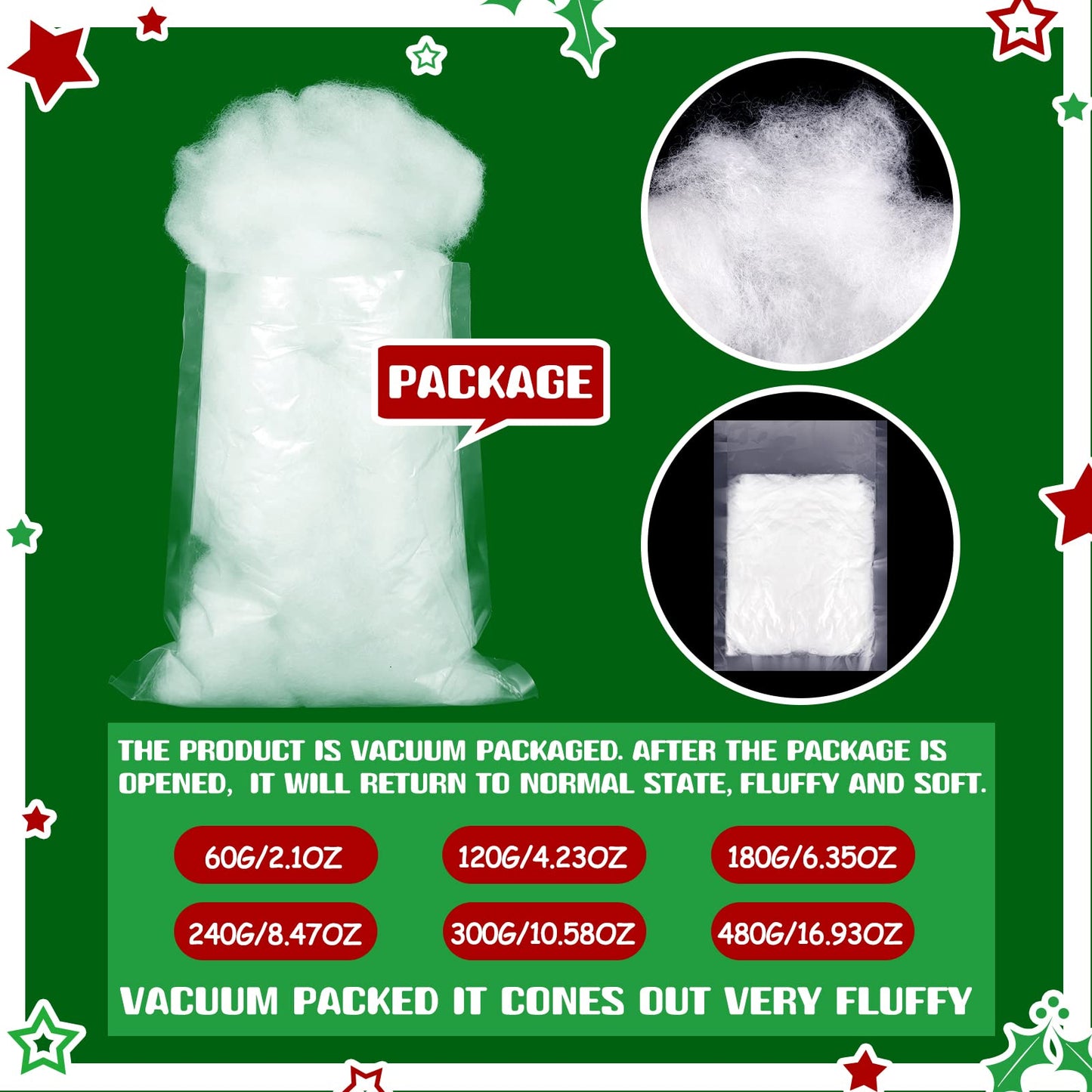 Riakrum Fake Snow Decor Artificial Fluffy Fiber Stuffing Fake White Snow for Tree Covering Home and Party Decorations(60 G)