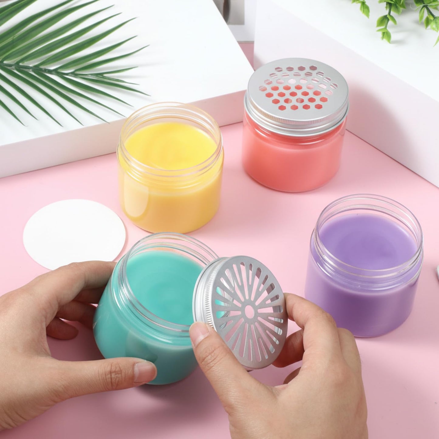 HANLANXUE 12 Pcs 150ml 5 OZ Scented Beads Container 4 Styles Air Freshener Solid Perfume Aroma Diffuser with Hollow Lids Empty Storage Containers Round Jars Sample for Aromatherapy