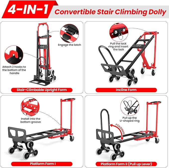 4-in-1 Hand Trucks Dolly 1000 LBS Stair Climbing Cart, Heavy Duty Industrial