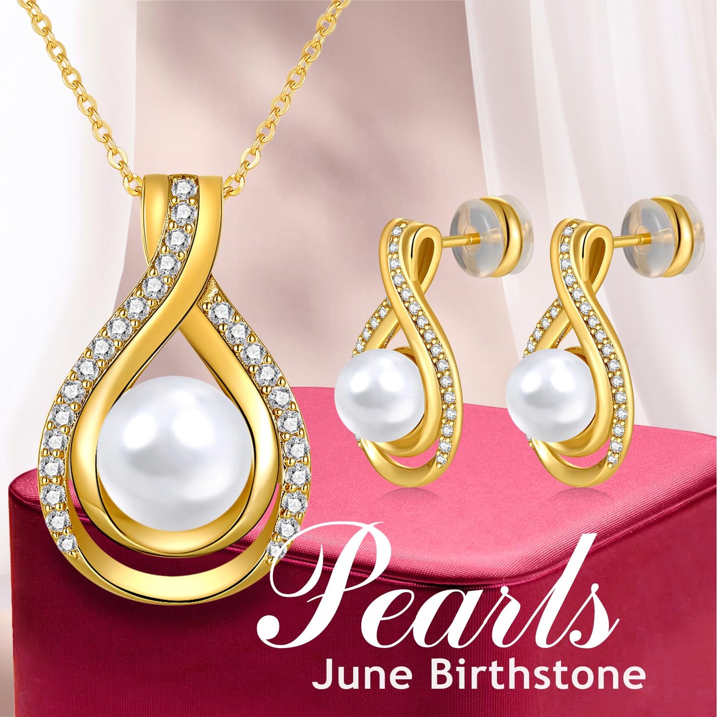LOIPURI Infinity White Pearl Necklace and Earrings Set for Women Gifts for Mom Birthday Mothers Day AAA+Handpicked Pearl 14K Gold Plated Adjustable Jewelry