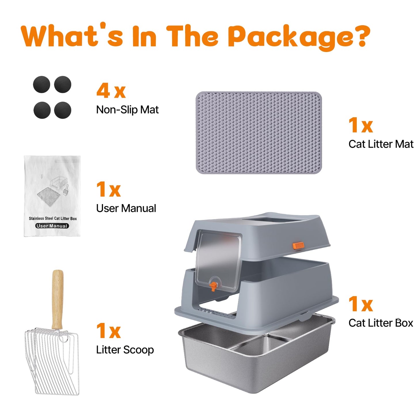 Stainless Steel Litter Box with Lid, 8” Deep Pan, Extra Large Litter Box for Big Cats, Anti-Leakage, Odor Free, Front & Top Dual Entry, Includes Litter Mat & Metal Scoop