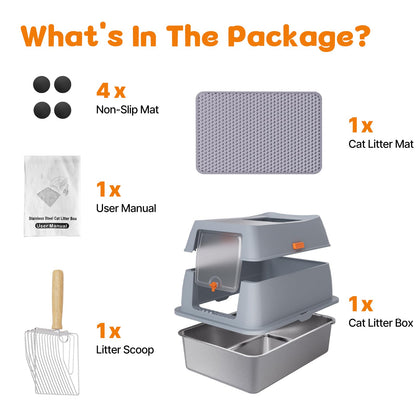 Stainless Steel Litter Box with Lid, 8” Deep Pan, Extra Large Litter Box for Big Cats, Anti-Leakage, Odor Free, Front & Top Dual Entry, Includes Litter Mat & Metal Scoop