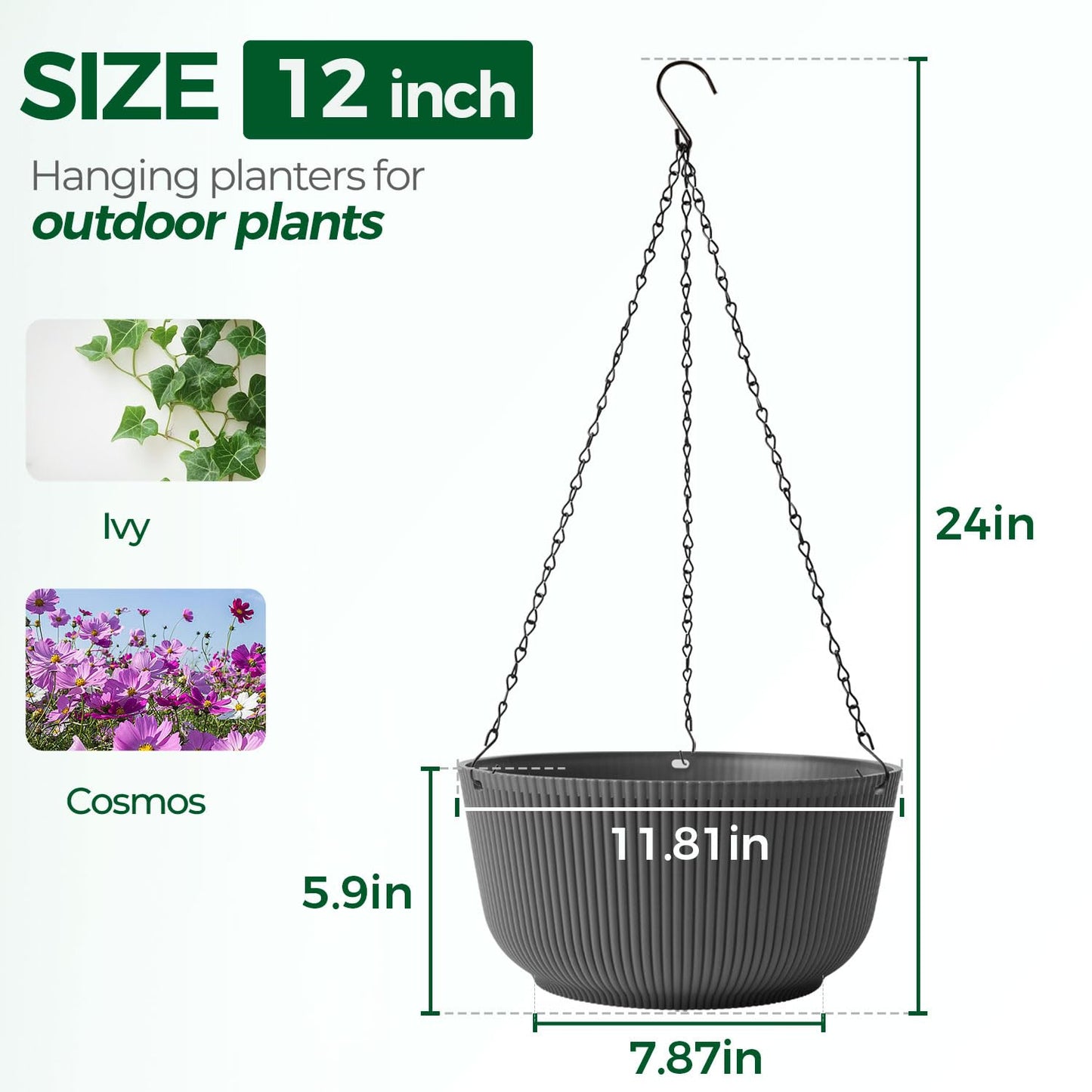 T4U 12 Inch Large Hanging Planters for Outdoor Plants, 2 Pack Self Watering Pots Indoor, Hanging Baskets for Plants,Hanging Flower Pot with Drainage Hole and Plant Hanger, Grey