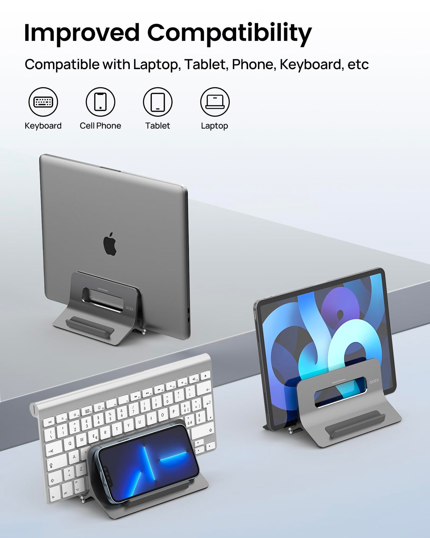 SODI Vertical Laptop Stand for Desk, Gravity Auto Lock MacBook Stand, Aluminum Laptop Holder Vertical Compatible with MacBook Pro, Air, Tablet, Space-Saving Organize Work & Home Office, Gray