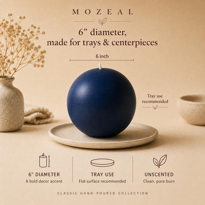 MOZEAL Hand-Poured, 6 Inch Navy Blue Large Round Ball Candles - Elegant Navy Blue Round Pillar Candles, Dripless, Unscented, Smokeless, Ideal for Formal Events.