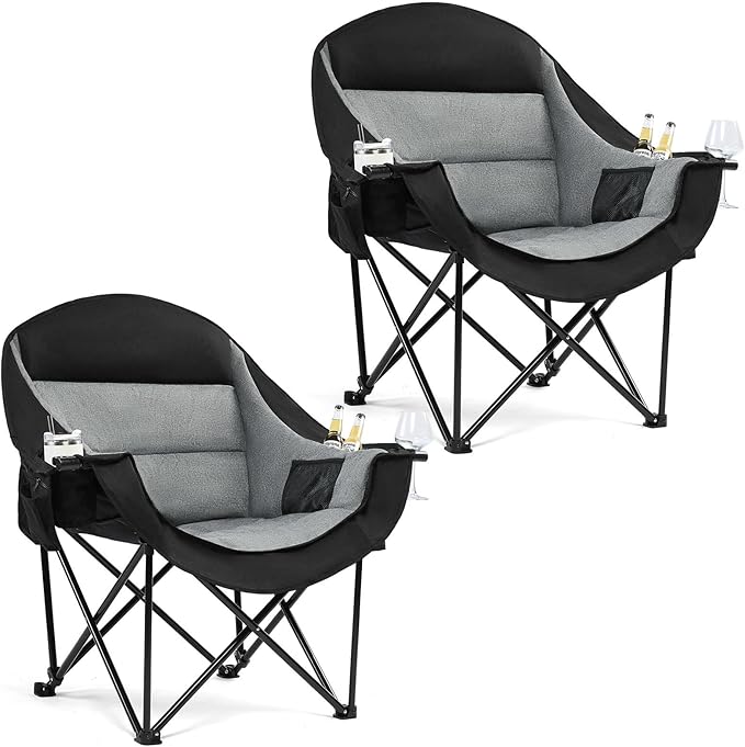 Oversized Camping Chair for Adults - Heavy Duty Outdoor Padded Large Lawn Camp Chair with Cup Holder Cooler Pockets for Sports Beach Fishing Garden Portable Supports 500lbs, Black/Grey 2 Pack