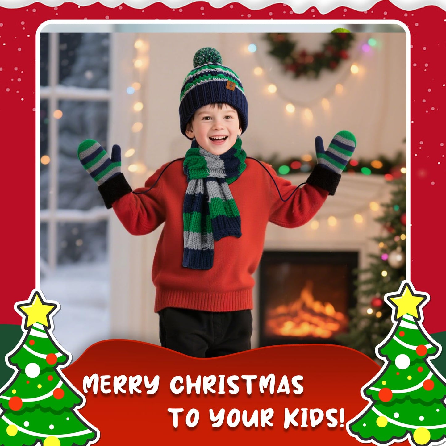 Boys Winter Hat Scarf and Gloves Set for Kids Warm Knitted Hat Mittens and Fleece Neck Warmer Scarf Set for Boys Girls 3pcs