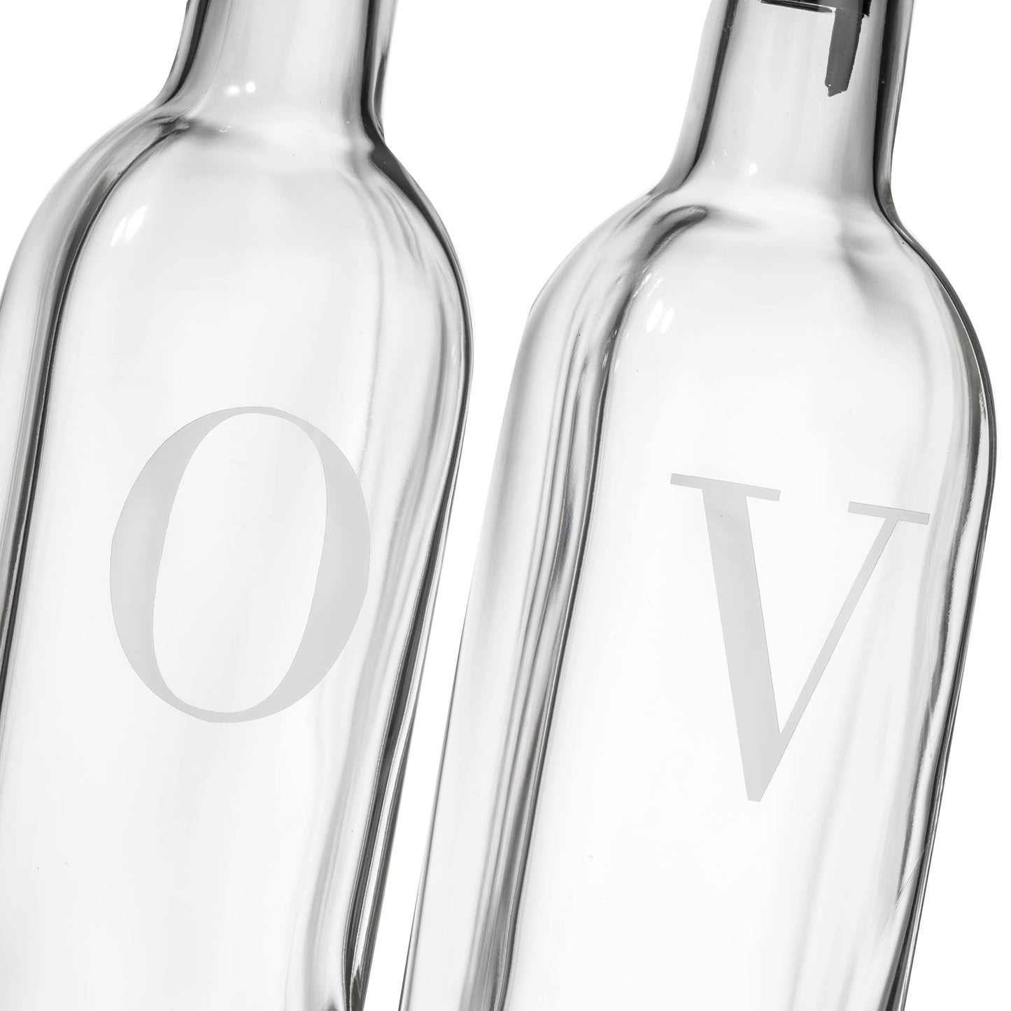 GREENOLIVE Olive Oil and Vinegar Dispenser Set - 17 oz. Glass Bottles with No-Drip BPA-Free Spouts - Stylish O and V Identifiers for Kitchen and Dining Use - Set of 2
