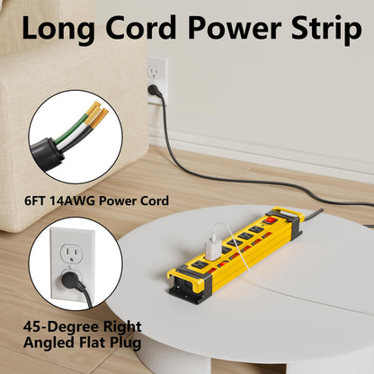 Power Strip Surge Protector 2700J with Individual Switches and Flat Plug, 3FT Heavy Duty Cord 6 Wide Spaced Outlet Mountable Metal Power Strips with Cord Manager and Hanger