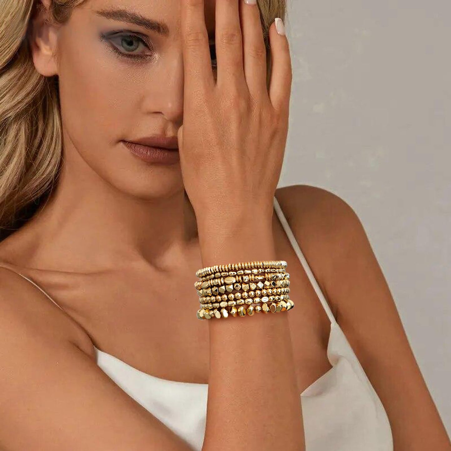 Sajidos Gold Plated Beaded Bracelets for Women Trendy, 14K Gold Plated Stack Cross Pearl Gold Plated Bead Stretch Bracelets Set Elastic Hypoallergenic Bracelets Jewelry Gifts